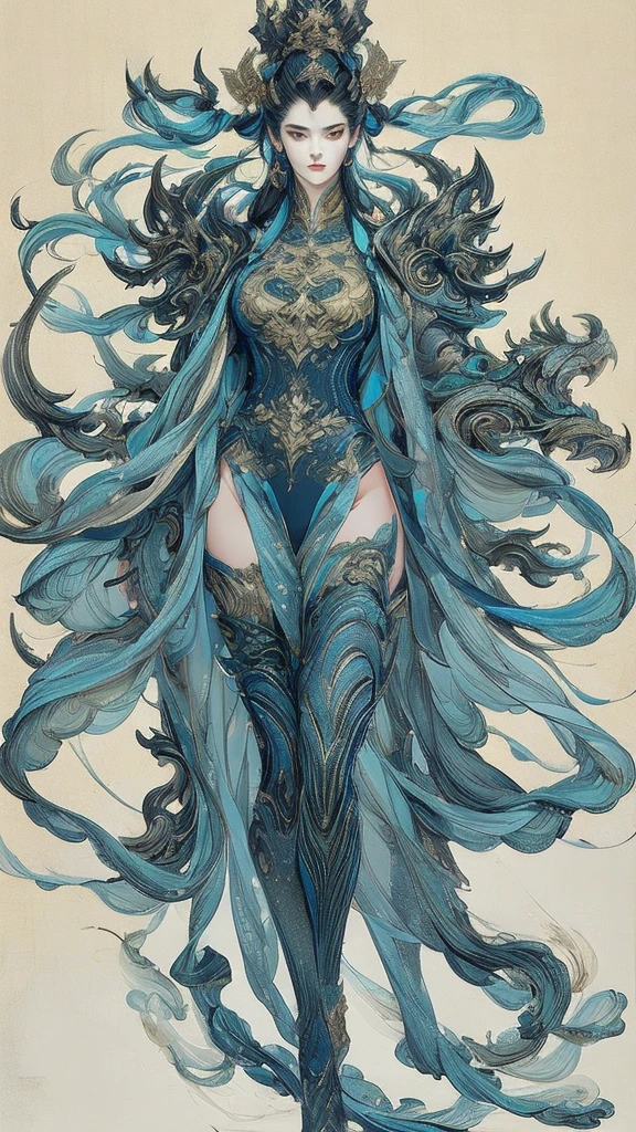 The blue long-haired goddess has dragon horns, tail, claws, triangle pants, dragon scale tattoos and bare feet.,Sea