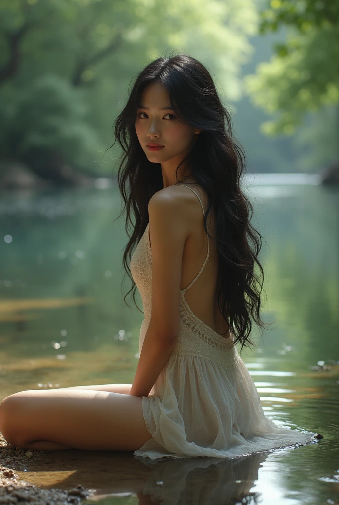 Beautiful Asian Girl, 20-year-old, Swimming in the river at dusk, Long black hair, Glowing, smooth skin, Detailed facial features, Calm expression, River with rocks and plants, Warm orange and pink sky, Dramatic lighting, high quality, Realistic, Intricate details, Structure of the film、Hair on my knees