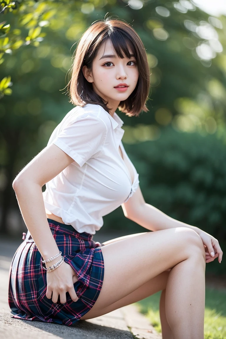 NSFW, 8k RAW photo, highest quality, masterpiece, ultra high resolution, film grain, movie, 1 girl,  girl, looking at the viewer, natural skin texture, Realistic eye and face details, full lips, lipstick, (compensate), bob cut, short hair, black hair, smile, open your mouth, teeth visible, かわいいsmile, young face, beautiful feet, tall woman, skinny, slim_feet, alone,  cleavage, facing forward, spread legs, feetを広げる, super short skirt, white shirt, impact, plaid skirt, white shirt, small breasts, nipple, nippleが透けて見える, No bra、lift up the skirt, not wearing underwear, female genitals visible, Don&#39;Do not cover your crotch with your hands、I can see your crotch、cleavage, Show a little cleavage through the シャツ, black loafers, black leather shoes, white socks, fecZhr blurry background, blurry, holding, plaid, short sleeve, water, bangs, school uniform, parted lips, lips, pleated skirt, written boundary depth, at the park, green tree々, anatomically correct body shape
