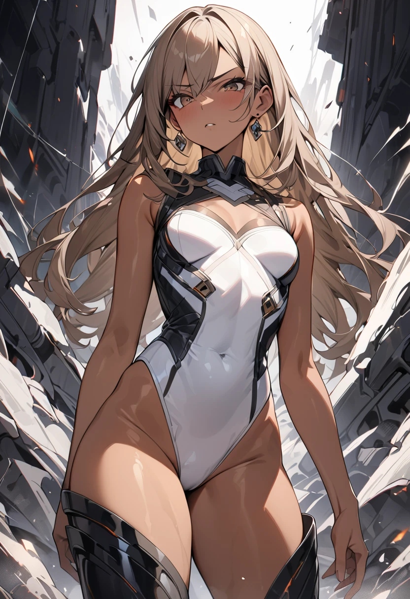 sensual, long blonde hair, thick thighs, 8K, 4K, highest quality, High resolution:1.2), cute anime face, noise reduction, shining blue eyes, gentle smile, Gentle eyes、wearing a headband, White bodysuit、toned abdominal muscles, muscular arms, muscular legs, (((exposed nipples))). , young face, anime chic eyes, Lock,,O-ring,elbow bag,collar,cuffs ,thigh strap,thigh boots, Harness、全身Harness、garter belt、(((Rear view、emphasize the buttocks、T-back that digs into your butt)))、(((big breasts、Breasts that are about to burst)))
