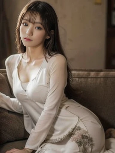 1girl, alone, solitary, high quality, (best quality,4k,8k,highres,masterpiece:1.2),ultra-detailed,(realistic,photorealistic,photo-realistic:1.37),gorgeous hair,whine red dyed hair,long curly hair with bangs,puffy eyes,mole on the cheek,plump lips,jewelry,(high detailed skin:1.4),(light room:1.3),(rim lighting:1.3),(lit:1.3),(sunny day:1.3),indoors,portrait,beautiful lips,waist-length hair,seductive gaze,moles,sundress,dress,short dress
