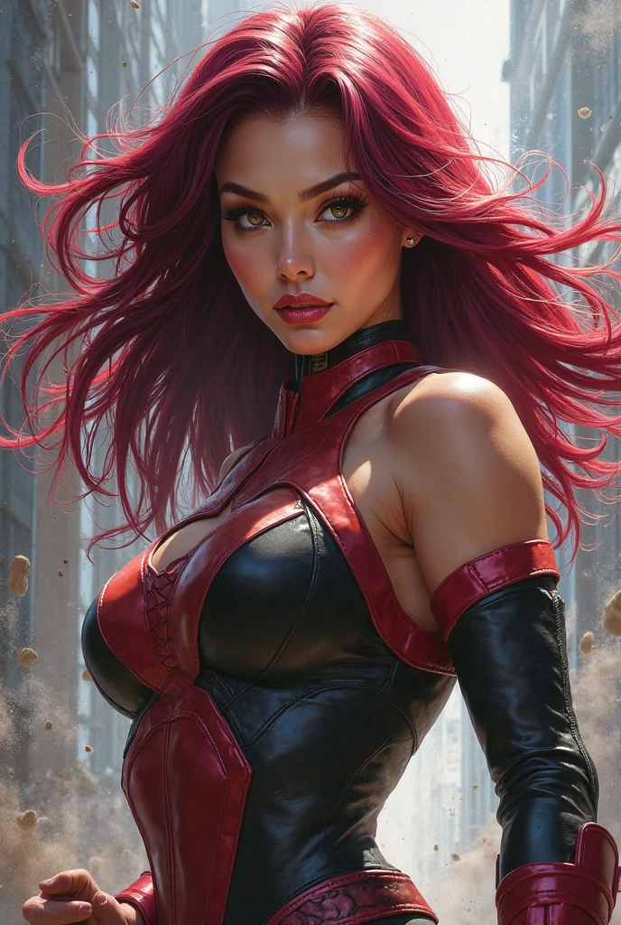 mujer, (KeniaL1), (edad media feudal:1.1), apariencia MEXICANA, (pelo largo liso morado degradado pro rojo), (ojos rojos), (strong expression look), purple lipstick, Piel blanca, (Black gothic clothing with red details.:1.1), escamas amarillas en las manos, cinematic lighting, mystical atmosphere, dynamic focus, ultra Reality, ultra Realistic, ultra calidad, Real, Real texture:1.1, Realistic clothes:1.1, 8k locos, absurdo,