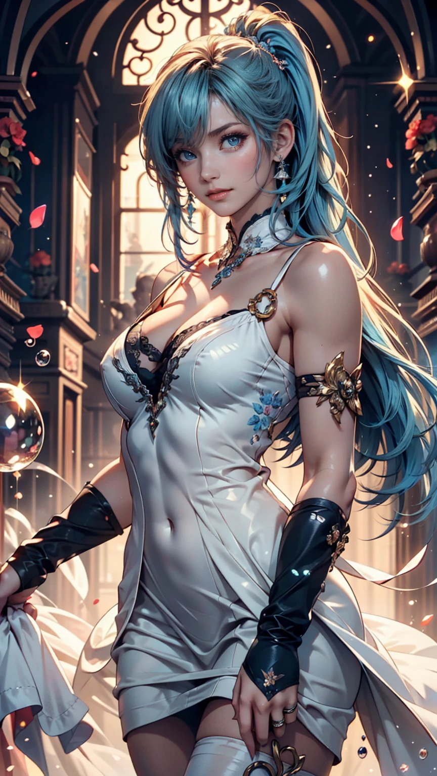 (masterpiece), (Highest quality), (Super Detail), (Disheveled Hair), (figure), (One Girl), (Fashionable clothes), Are standing, Fashion Model, Viewer, (interview), (Simple Background), Beautiful and beautiful eyes, Delicate and beautiful face, floating, (High saturation), (Colorful Splash), Colorful Bubbles, (Shine), Focus on the face, ponytail, Light blue hair, bangs, Hair Ring, floating Flowers, floating Hairs, (The Shining), Best lighting, Best Shadow