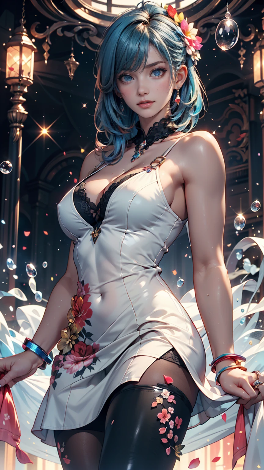 realisticlying,1girl,Blue hair,Purple eye,glowing light eyes,Cut the top,a skirt,parted lip,Be red in the face,the night,fresh flowers,suns,rays of sunshine,huge tit,Take the violin