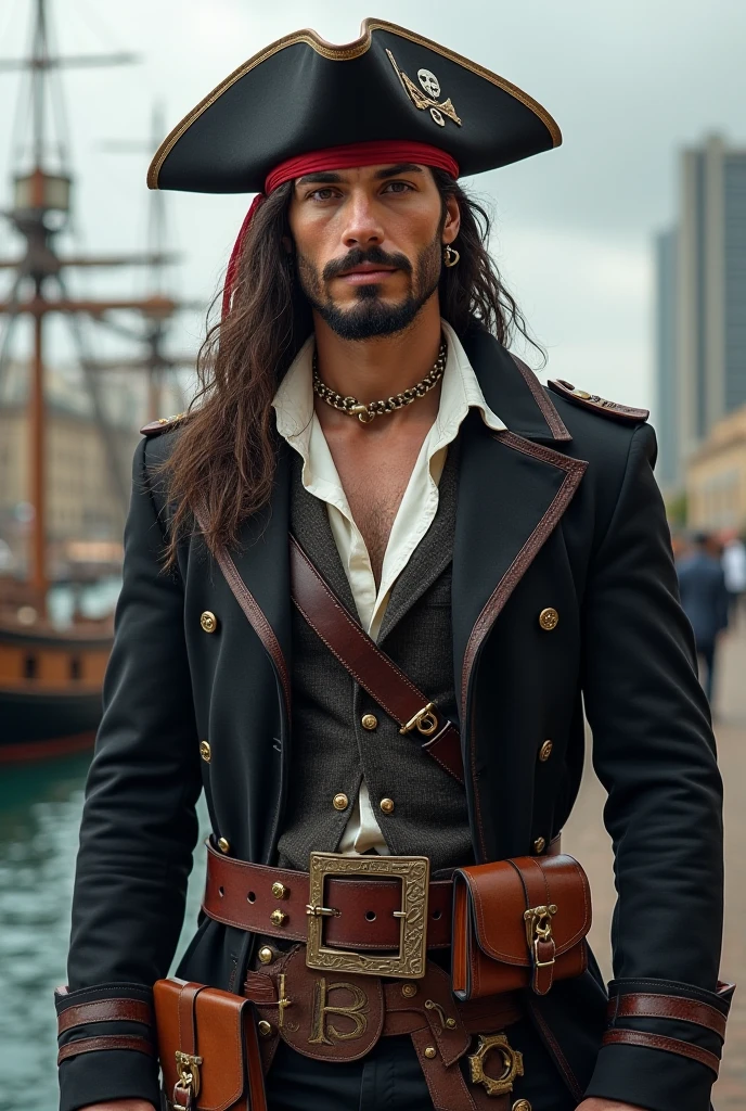 Um homem com cabelos brancos compridos, orelhas pontudas, barba por fazer, vestindo uma roupa de pirata, posando em seu navio.