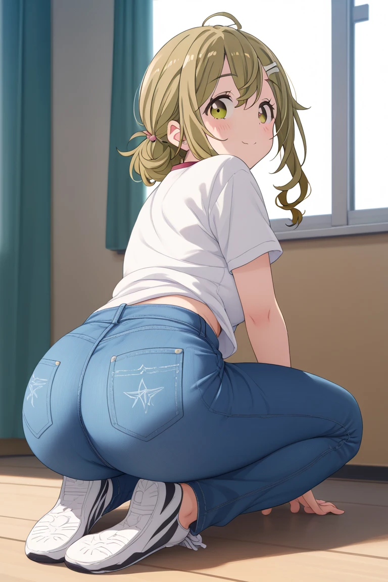 (masterpiece, best quality:1.2), 1girl, solo, scenery, illustration, looking at viewer, school, depth of filed, light on face, portrait, blonde hair,
 (white panties:1.5), (ass:1.5), kneeling, leaning forward, body tilt, blush, embarrassed, from below, from back, cowboy shot, 
spread legs, dutch angle