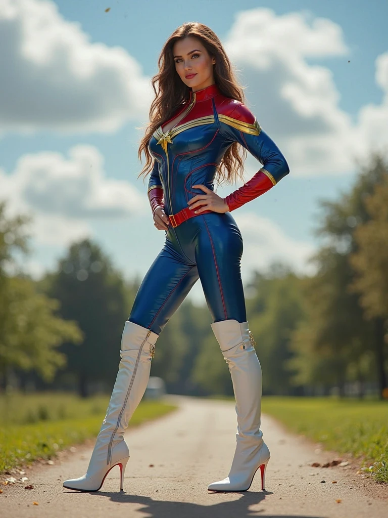 show me a marvel themed super hero that would represent the ((country brazil)), the character should be female, she should be show casing her powers in public 8k camera shot