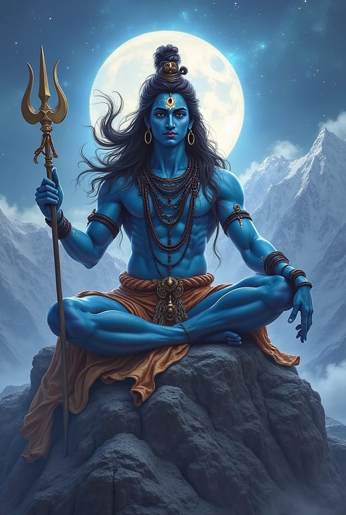 a man (fit big body ,blue body, head's eye,goddess cloth , background head lite,near stand trident)sitting on mountain flight  shiva, lord shiva, god shiva the destroyer, hinduism, hindu gods, neck around snake , devainart, by Max Dauthendey, shakti, beautiful depiction, goddess art, inspired by Kailash Chandra Meher, hindu art, hindu god, nirvana, vish ,devi Parvati and bhagavan shiv shankar (hindu)
,dark  maditation  position 

