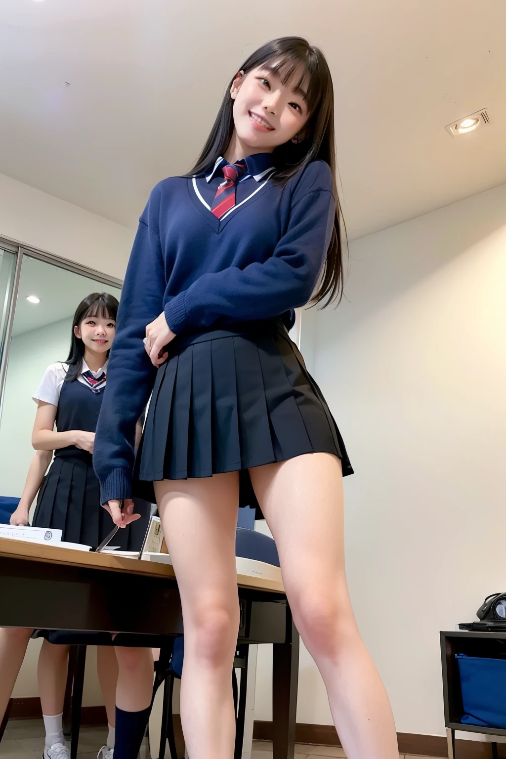 Japanese、18-year-old high school girl、Black Sailor Suit、mini skirt、whole body、Thick thighs、Sitting on a chair