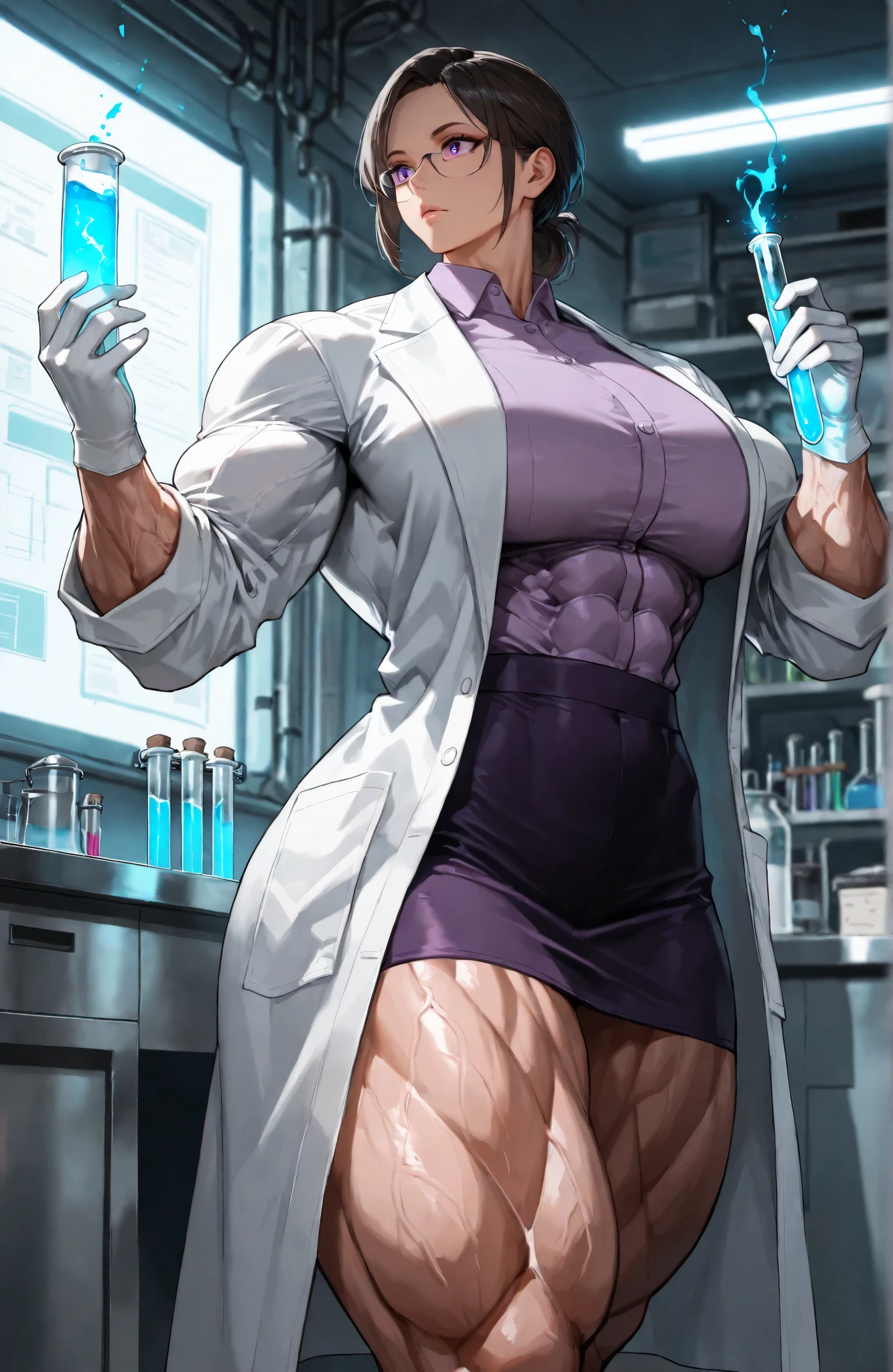 ,best quality, masterpiece, ultra-detailed, 8k resolution, professional female scientist, wearing a white lab coat, purple blouse, and gloves, holding a test tube with glowing liquid, standing in a modern laboratory realistic lighting, detailed skin texture, scientific atmosphere, cinematic composition, sharp focus, no blur, soft shadow ,(hyper muscle,muscular female,muscular,thick thighs,solo)