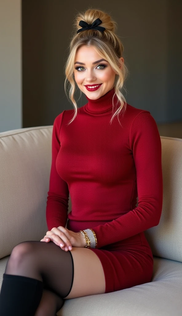 cute date night, mature woman, 40 years old, platinum blonde hair, red long sleeve dress, (long sleeves), large breasts, velvet,  bangle, short hair, sitting in a modern hotel lobby, solo, one woman, cute date night outfit, cute fit, [Victoria Beckham],[[KateBeckinsale]],[[[Jenna Coleman]]], thick belt, smiling, happy, necklace