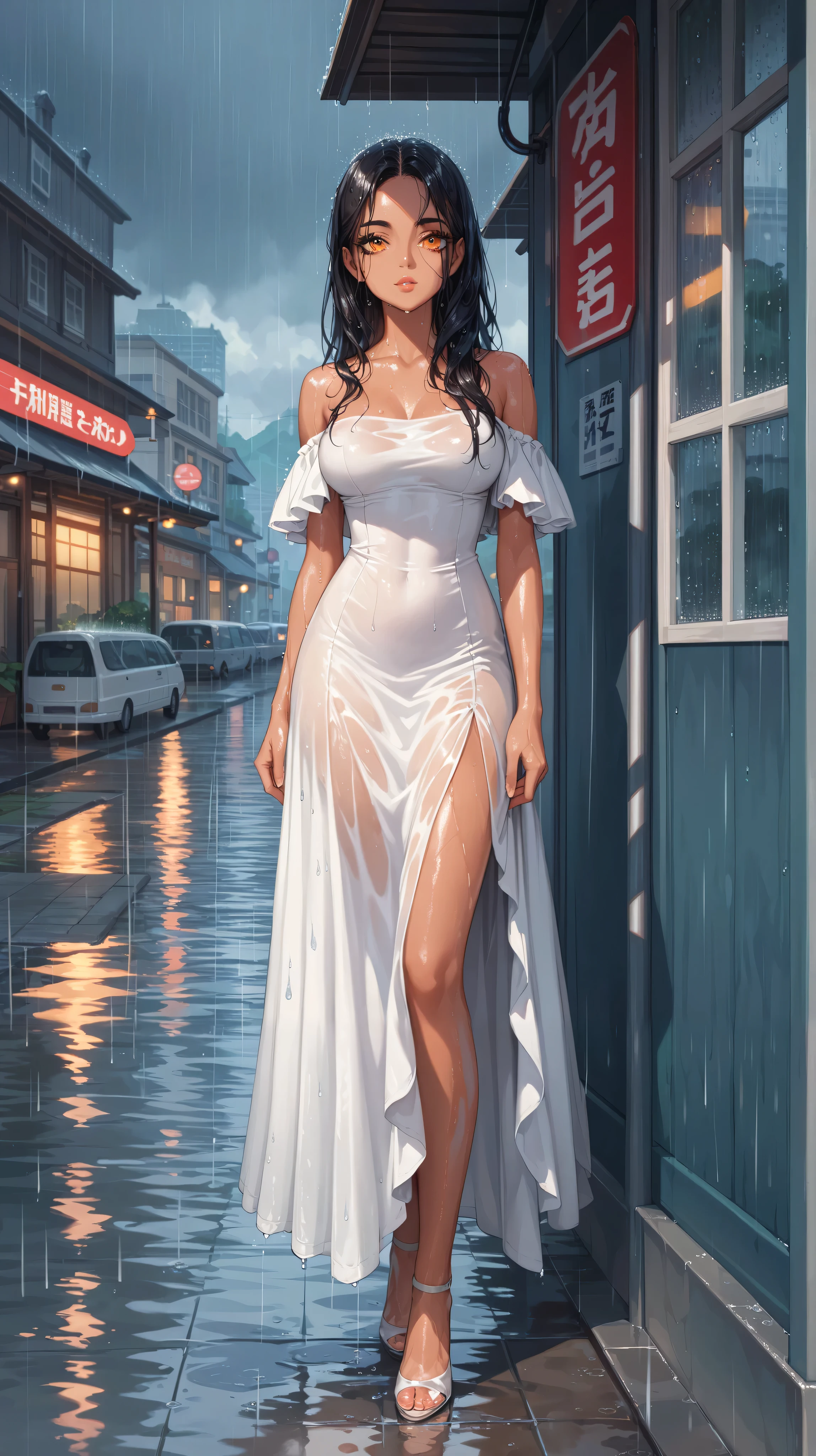 score_9, score_8_up  , score_7_up  , score_9,super detailed,  8,000, Super-Detailed Illustration,  sharp shadows ,  of the highest quality, super detailed face,  white porcelain-like skin , Wet hair,  super detailed eyes , super detailed lips, White Skin with Dark Sunburn, Person Waiting at the Bus Stop, Covered Home, Waiting posture, rain, Rainy Scenery, Japanese cityscape, Alone Girl, beautiful detailed eyes, highly detailed eyes and faces looking at smartphone screens, Long Lashes on a Delicate Body, Wearing a Slightly Wet White Dress, Girl with Long Straight Black Hair,  orange eyes, Waiting for an expression , full body