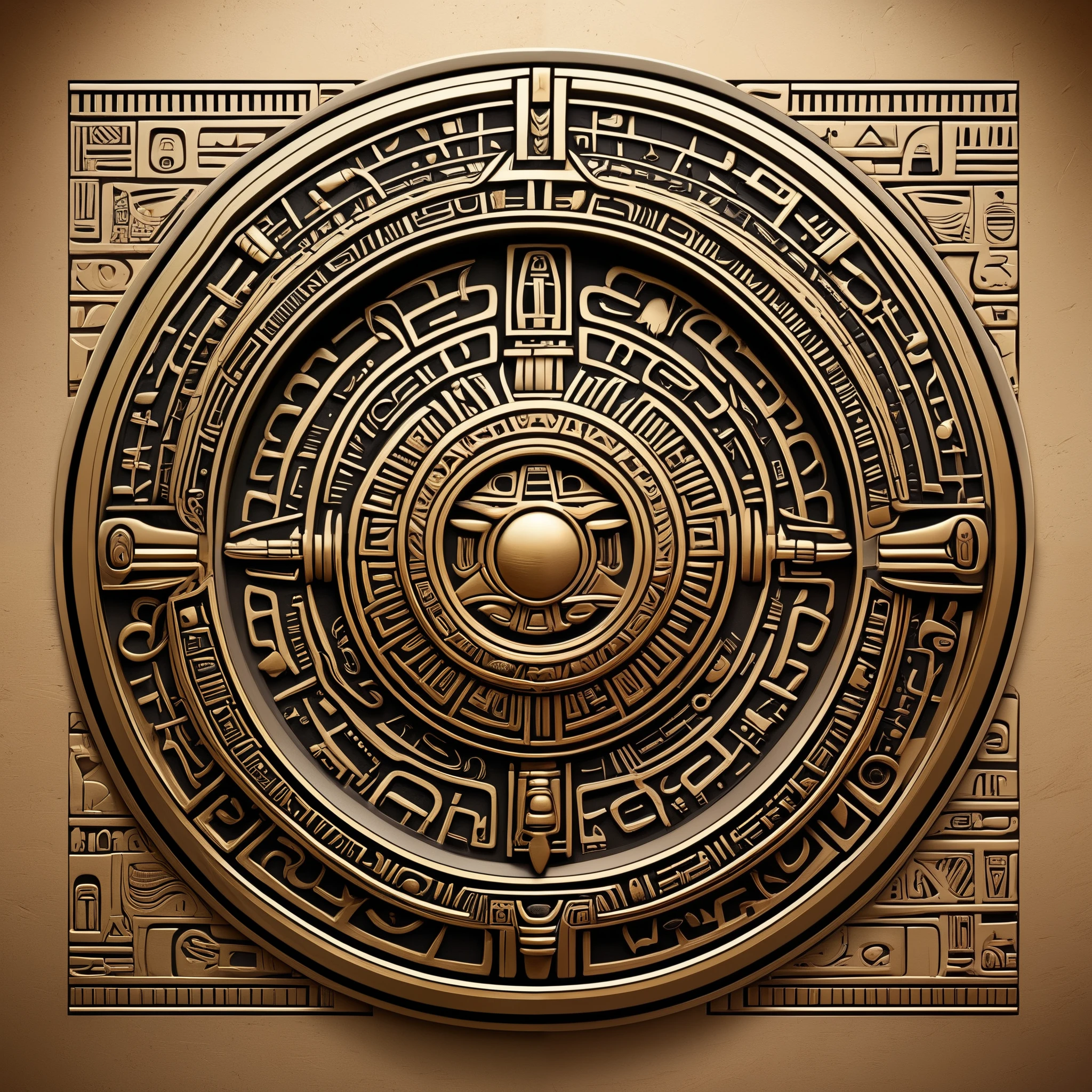 Design a logo for 'The Heritage Vault' that blends elements from various ancient cultures, like Egyptian hieroglyphs, Mayan patterns, and Greek motifs, arranged around an open vault. Use a modern yet classic font for the text.