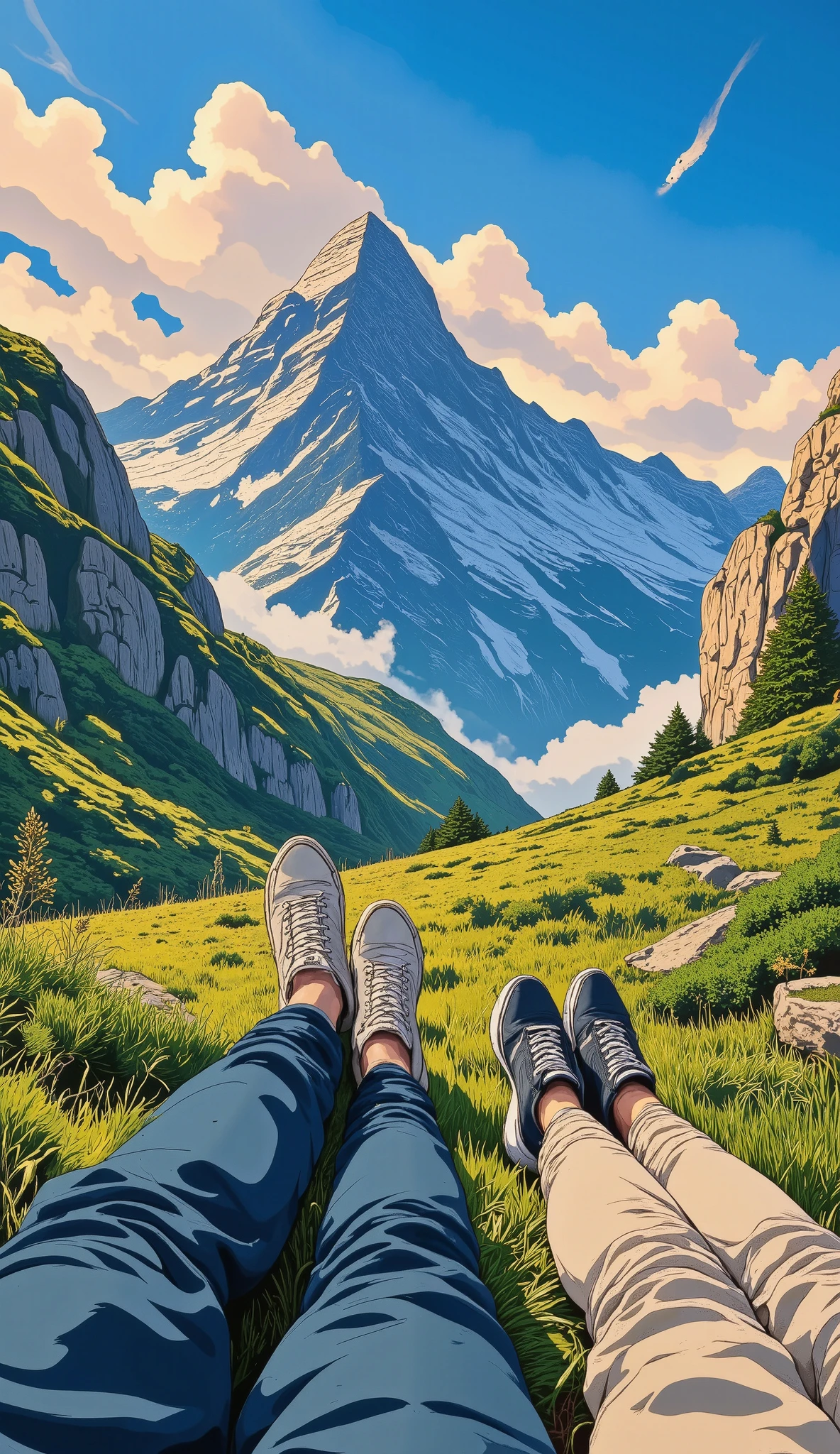A breathtaking mountain valley bathed in golden sunlight, with a clear blue sky and scattered fluffy clouds. Two people lie on the lush green grass, their legs visible in the foreground, dressed in casual pants and sneakers. The towering mountains in the background are partially covered in mist, and sun rays pierce through the clouds, creating a serene, dreamy atmosphere. The image has a slightly stylized, painterly effect, resembling digital artwork with rich colors and depth."