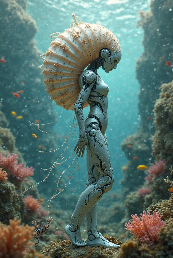 An intricate steampunk sculpture, the Birth of Venus, sits atop a clam shell floating on a water surface against a sky backdrop. Venus is made up of various metal components, such as gears, pinions, screws, and various sized machinery parts, which are intricately assembled to create the body and its various components. The sculpture's colours include copper, turquoise, brass, gold, and bronze, and its composition is based on Botticelli's The Birth of Venus., Wide-Angle, Surrealism