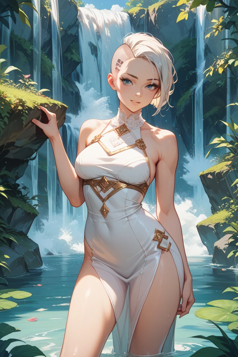 leather collar (Best quality, 4k, Masterpiece :1.3) full body standing symmetrical beautiful woman, hyper realistic, 1girl (drooping breasts, attractive body :1.2) sit-ups :1.1, short red hair: 1.1 (wet rainy, wet by rain, wet body :1.2) ultra-detailed face, detailed lips, detailed eyes, double eyelid, low-necked dress, open neckline, hanging breasts, side pose, visible curves, pool , poolside, red transparent robe, red sunglasses, muscular turned arms behind body, leather collar, golden bracers