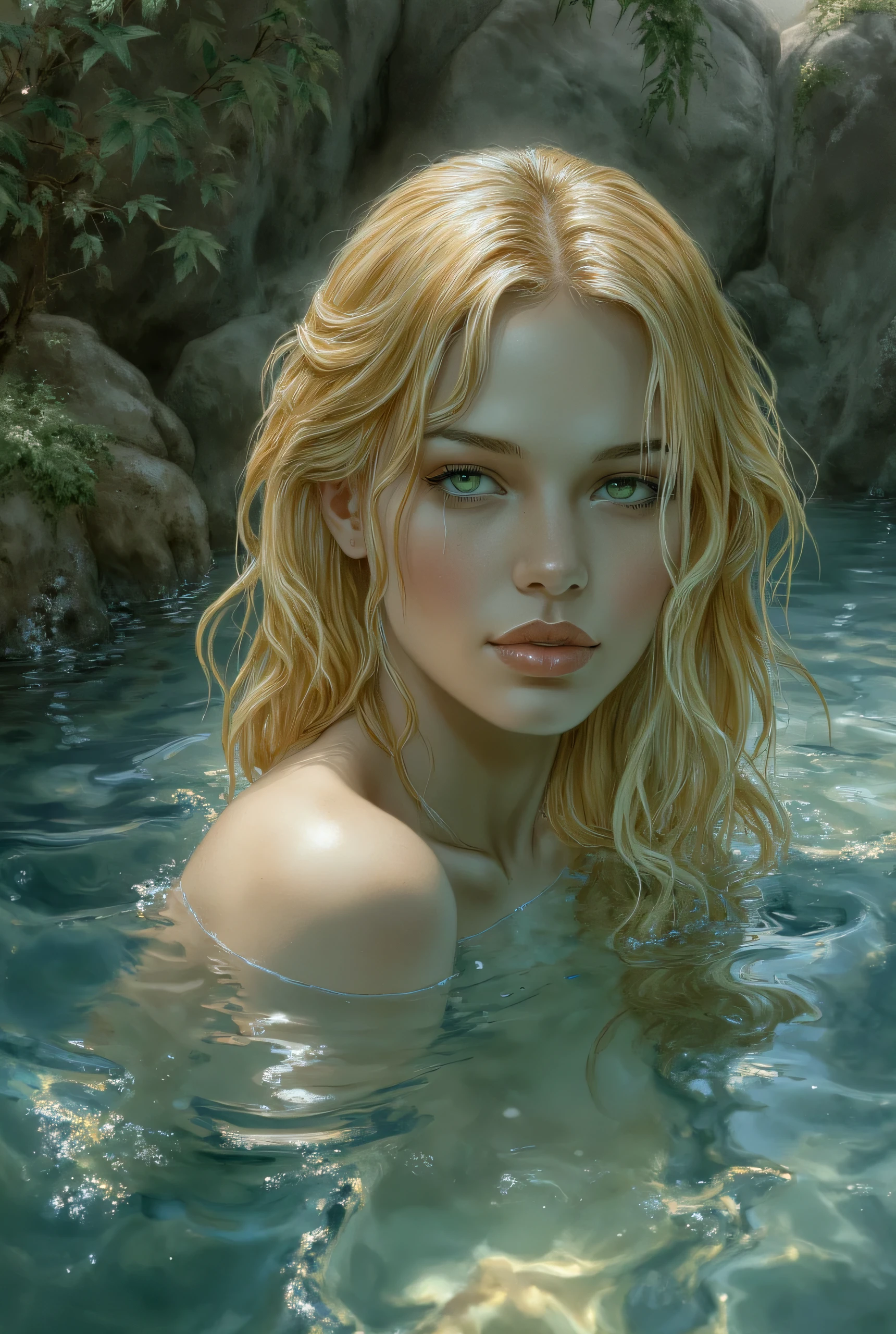 A enchanted and elegant woman was partially submerged, her soaked long blonde, silky hair floating around her on the surface. Her shoulder peeked above the water. dim sparkling wide green eyes with mouth is slightly parted with blushing smile. most of body in underwater. The water, a symphony of blue, sparkled with a kaleidoscope of shimmering light from the sun. Rocks and lush greenery created a peaceful atmosphere. Dimensional:
Deep.Volumetric.