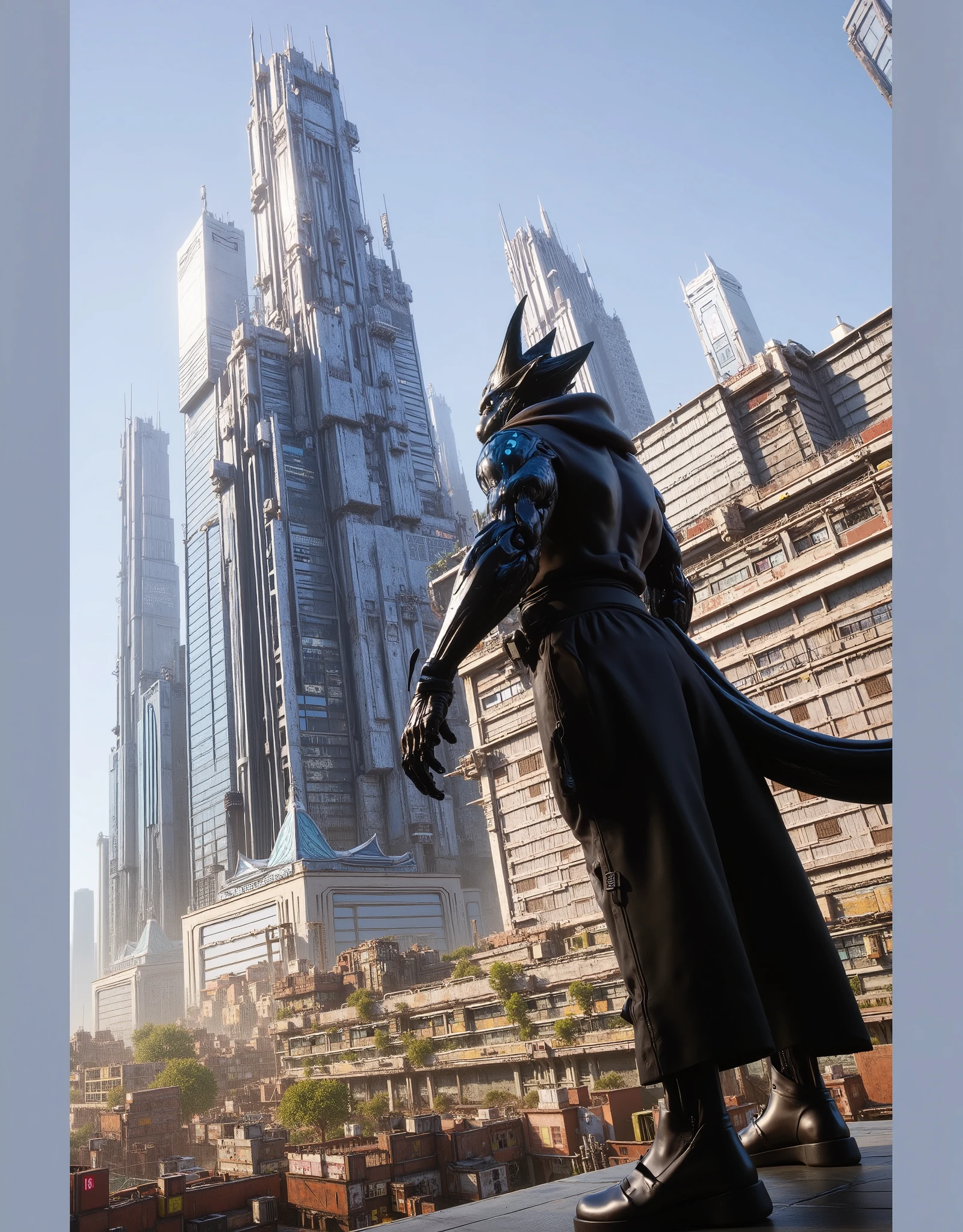 A furry male anthro dragon faced the Skyscrapers, cyberpunk type, epic scene