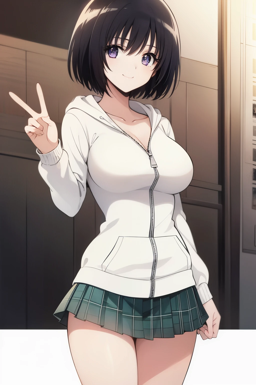 <lora:Kotone_OF:1> kotonedef, black hair, short hair, brown eyes, looking at viewer,
standing, arms at sides, upper body, hood down, hoodie, cleavage, smile,
masterpiece, best quality,
