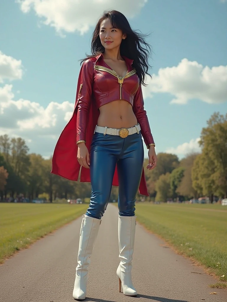 A SEXY BUSTY TEEN FEMALE WEARING A 1970 BLUE OPEN V BUTTONLESS FULL LENGTH PLEASANT BLOUSE WITH A SMALL "S"EMBLEM ON THE RIGHT SIDE OF HER CHEST, A PAIR OF RED SHORTS WITH A YELLOW BELT, TALL RED HEELED BOOTS, A BLUE CHOKER, AND A LONG FLOWING RED CAPE.