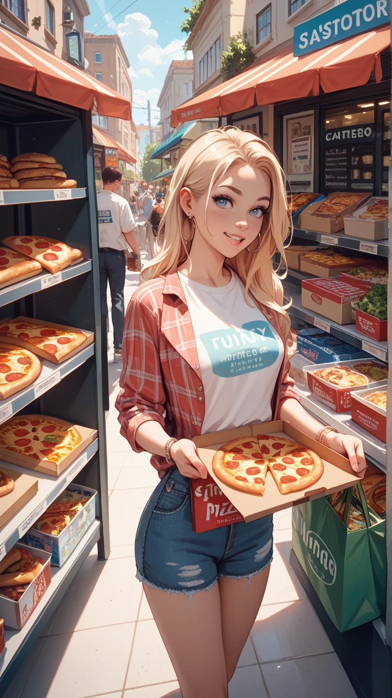 pov, 18 yo girl courier in blouse miniskirt baseball cap blush looking away shy standing in big doorway Holds a pizza box with both hands country street at background <lora:wetshirt:0.1@0,1@0.4> wetshirt, masterpiece, best quality, high quality, highres, ultra-detailed