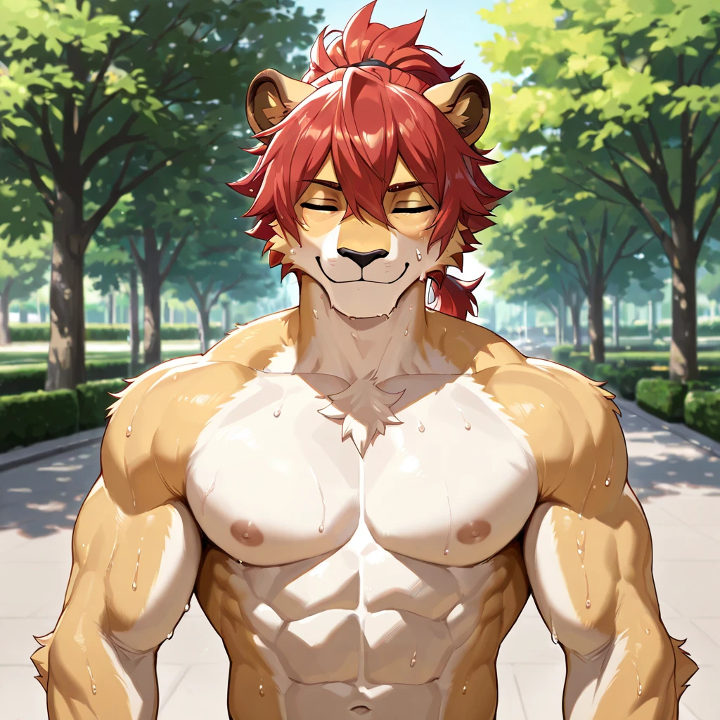 (masterpiece, 4K, ultra detailed) a lion furry, masculine, red hair, medium length hair, two blogs haircut, athlete, outside, meadow, noon, smooth lining, cartoony, naked, small penis, anime, cum, ejaculate, orgasm, teenage, blue eyes