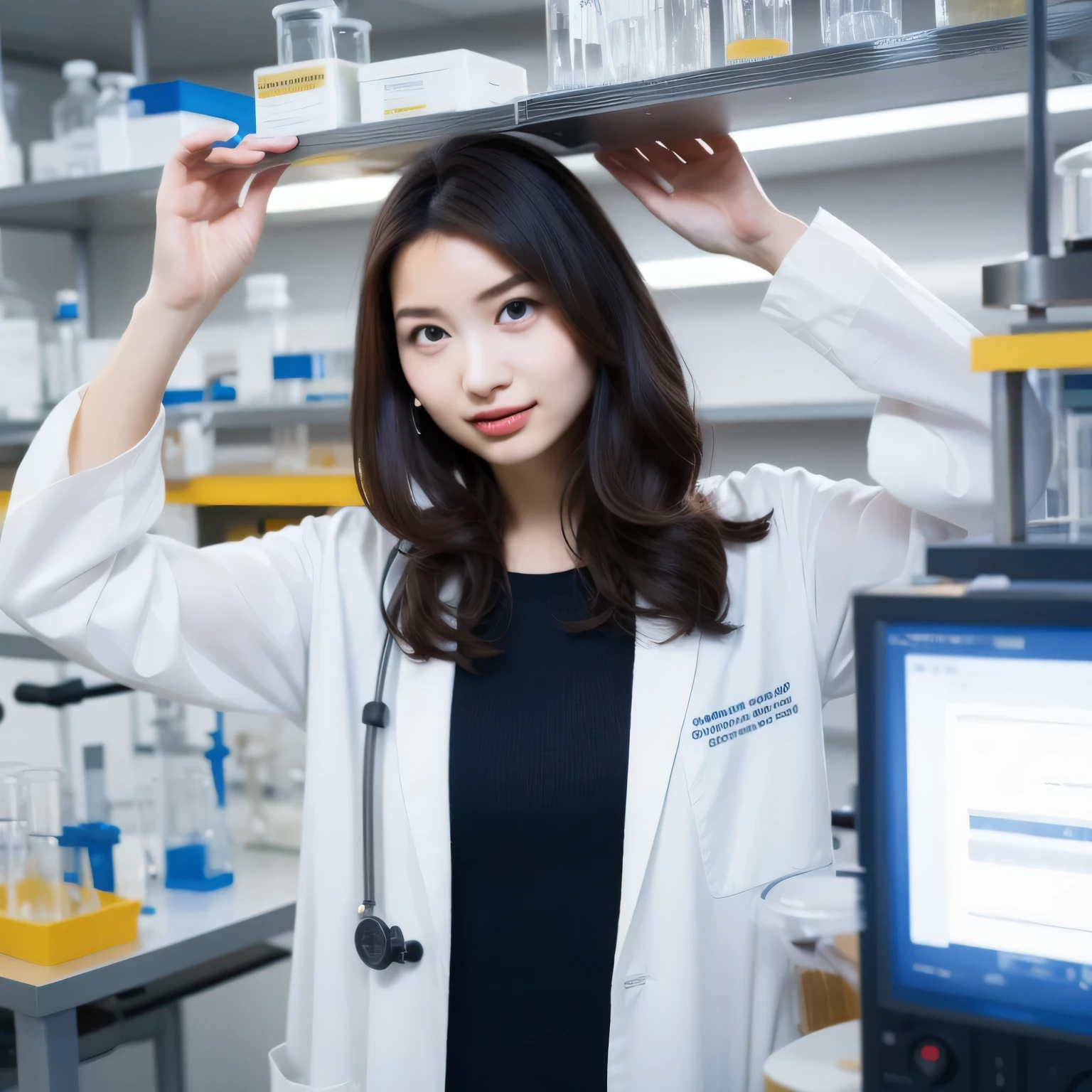 Depict a 20-year-old, stunningly beautiful woman conducting an experiment in a well-equipped science lab. She wears a pristine white lab coat over professional attire, her expression focused as she carefully handles scientific instruments. Whether her hair is long and neatly tied back or short and styled, she maintains a meticulous appearance suited for the lab environment. The background features shelves filled with scientific equipment, adding to the immersive atmosphere of the setting. Black hair, Medium hair, dark eyes.