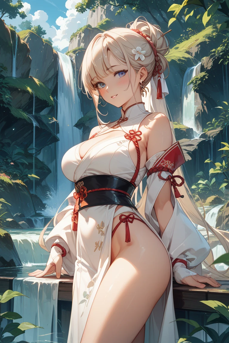 A Japanese castle standing mysteriously in the middle of a beautiful lake, thick fog, thick clouds, a beautiful, slim-figured blonde elf with large, sagging breasts bathing naked by the lake, a silk dress draped over a tree branch, and Japanese armor and swords discarded at the base of the tree.