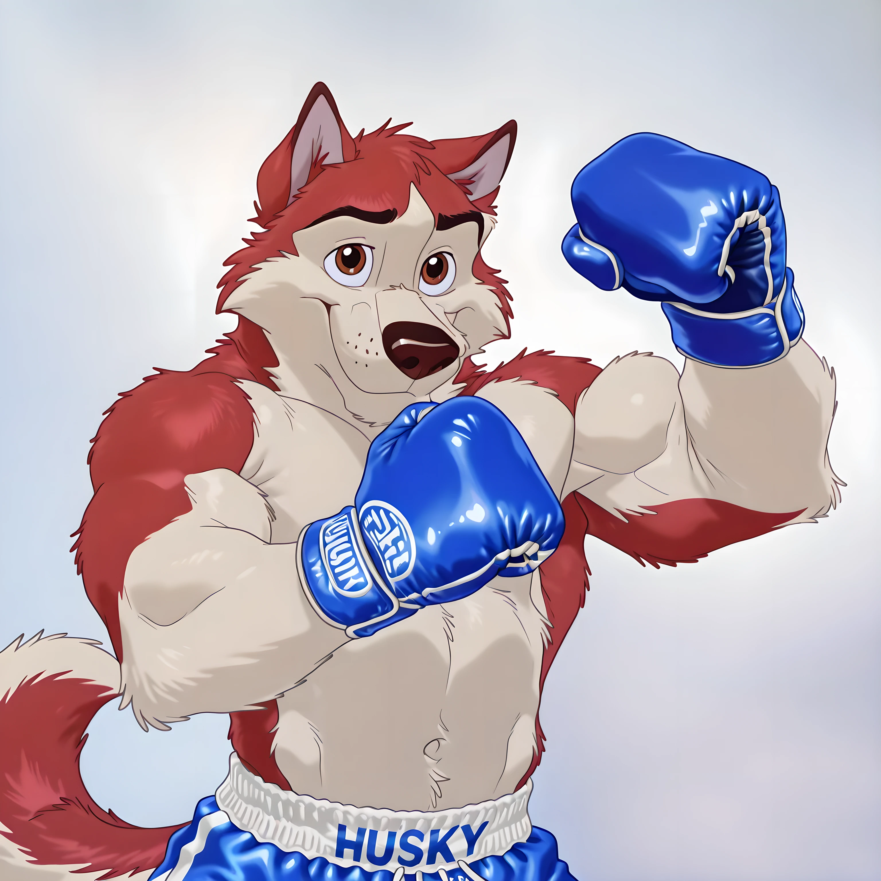 kodiak, husky, "HUSKY", solo, detailed, detailed face, detailed eyes, anthro body, male, (young, young adult), ((very muscular)), cartoon shading, blue boxing gloves, blue boxing shorts, (no background, white background), shirtless, looking at viewer, half body, by anhes, stern eyes, subtle smile, (eyes half shut), t4r4nf1dd13r, pov_boxing, flexing