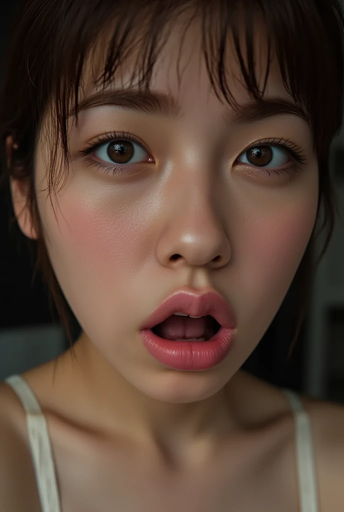 nsfw,Photorealistic, Surreal, Cinema Lighting, 32K, 1 girl, look up, Backlight, (Bright light:1.2), (Improvement of quality:1.4), (Highest quality realistic textured skin:1.4), Detailed eyes, Detailed face, short hair, ,Cowgirl, From below, Sweat, Wet, (Enhances the beauty of skin texture:1.1), Matte texture, blush, Open your mouth, Roll your eyes, tears, Sticking out tongue, Semen drops, saliva, saliva trail, Lips parted, Captivating smile