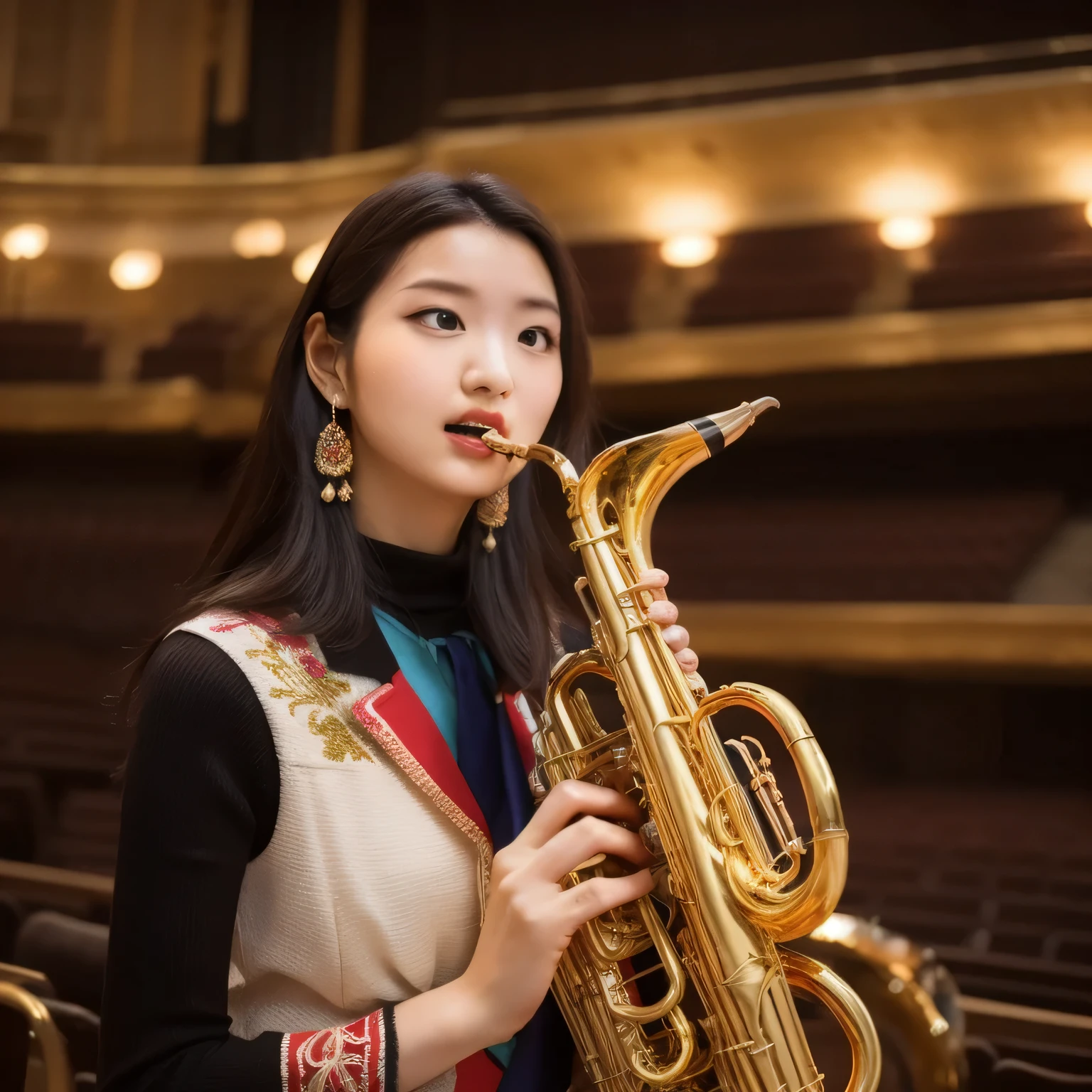 Depict a 20-year-old, dazzlingly beautiful woman playing a brass instrument in a grand concert hall. She wears an elegant yet practical band uniform, designed with intricate gold embroidery. Her posture is poised, fingers positioned with precision, her eyes focused as she plays passionately. The warm stage lighting highlights the shine of her instrument, creating a visually striking contrast between her and the surrounding orchestra. Black hair, Medium hair, dark eyes.