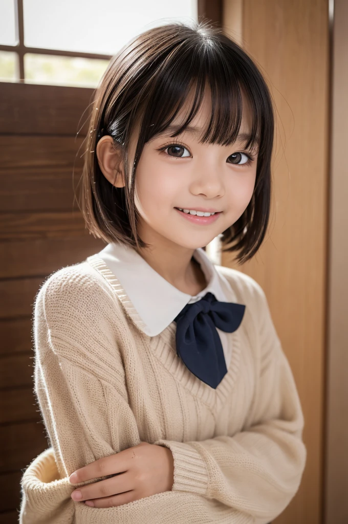 　(((Japanese)))(10-year-old girl)　((((10-year-old girlが一人、alone))))　whole body写真　Full Shot　short hair　Low ponytail　whole body　Thighs 　(mesh)sweater　Gathered skirt　Black pantyhose　cute　(smile)　　Shot from between the legs　Spread your legs　Spread your legs　　Panties visible through the gap