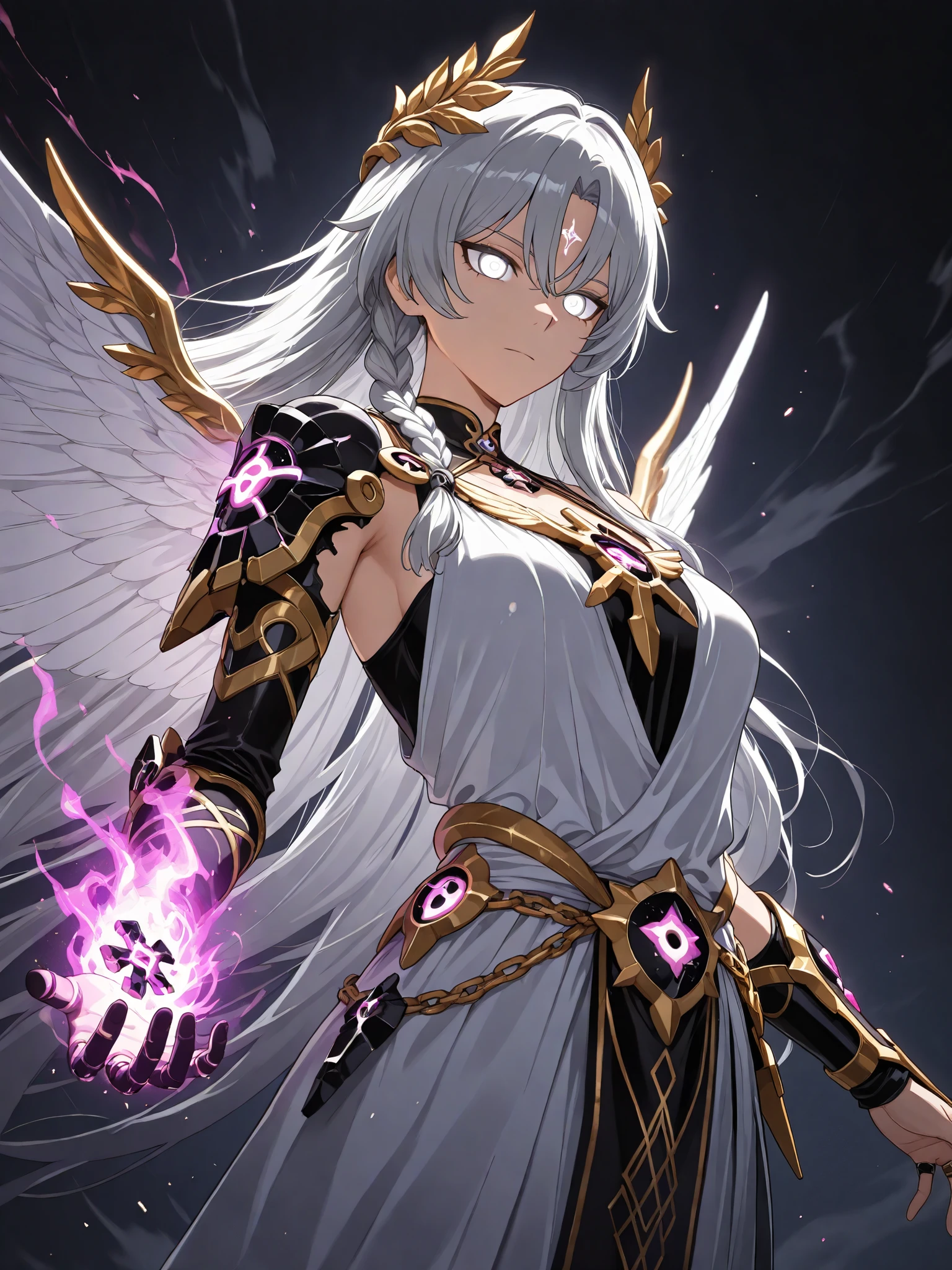 (from the side, from an angle, upper body shot, solo:1.1), (greco roman clothes, toga, ancient greek clothes, laurels, magical threads, magical webbing, deadly gaze, death magic, chaotic warp magic, chaotic aurora, volumetric smoke, avatar of ancient gods and demons:3.9), glowing aura, glowing body, photorealistic background and lighting, 4k, ultra detailed, extremely detailed, detailed background, webtoon, cinematic shot, dramatic shot, cinematic, volumetric lighting, (dynamic pose, woman, girl, young adult, 1girl:1.18), gray hair with white streaks, white eyes, gray eyes, ring eyes, symbol eyes, tsurime, hateful focused gaze, braided hair, ((angelic broken mythical armor:1.33), demonic dress, daemon dress, french dress, french royalty:1.3), burning aura, hateful magic, black magic, black smoke, Angel soldier, webtoon, Herrscher of Sentience /(honkai impact 3rd/), asymmetry, royalty, commander, divine uniform, golden trimming, Herrscher, angelic wings, black and white wings, gold trails glitching effect, glitch,