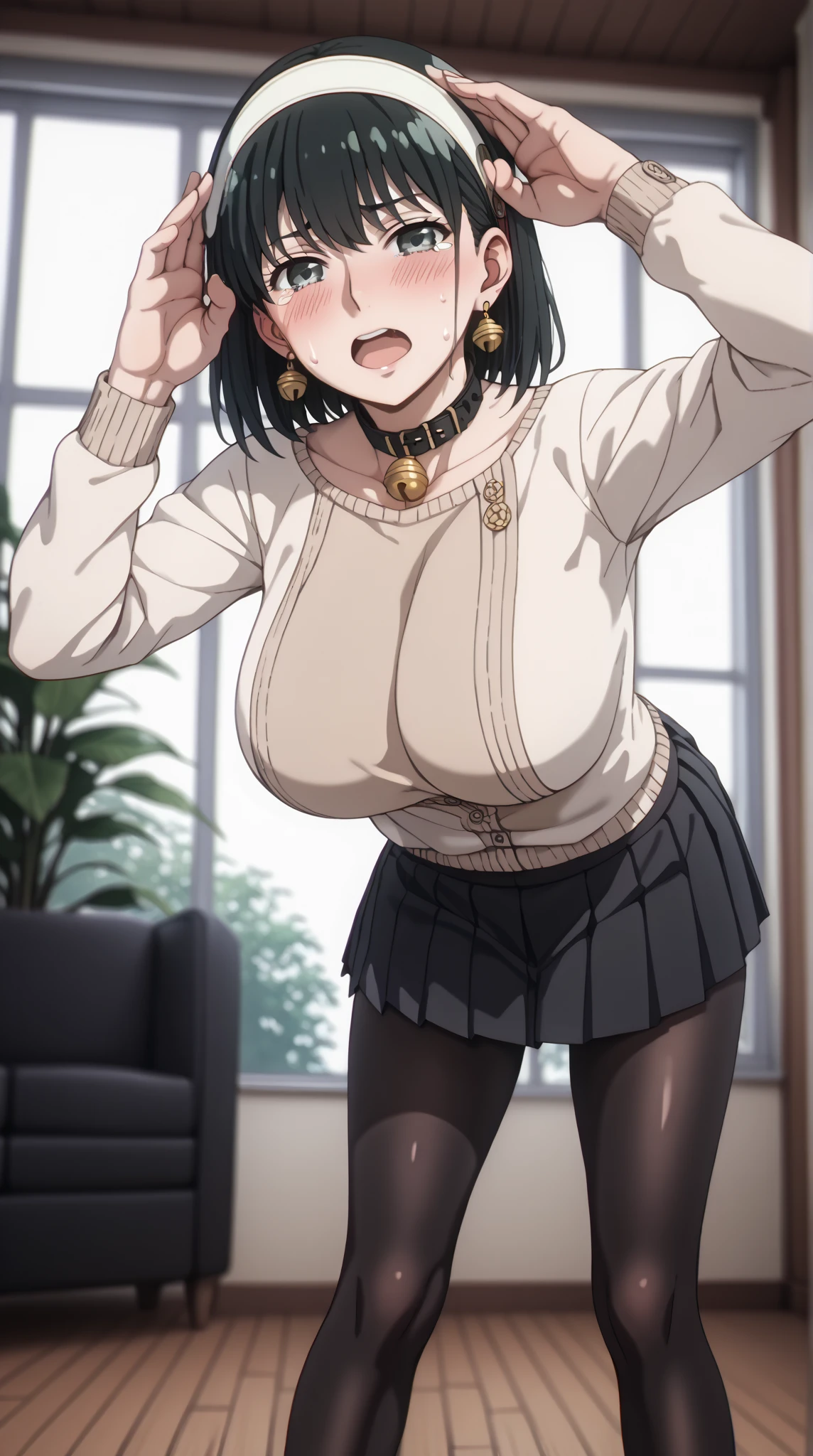 viewers、angle from the front、Full Body Shot,score_9, score_8_up, score_7_up, source_ anime、TOP QUALITY、8k、 masterpiece、Ultra High Precision、 natural light、perfect anatomy in the flower park、 one woman、BIG BREAST on SNS、 firm chest 、 Mouth open vertically、white headband、A black collar with a bell、 black hair、 cute face、 Clear Eyes ,A little teary、embarrassed face、After the change、Beige clothes、(black pleated mini skirt:1.5),(black pantyhose:1.5)、Sweat dripping from crotch、(Standing pose with bent forward and crotch spread:1.5)、Clenched Fist、Cat pose with hands on head、back view、Look back here