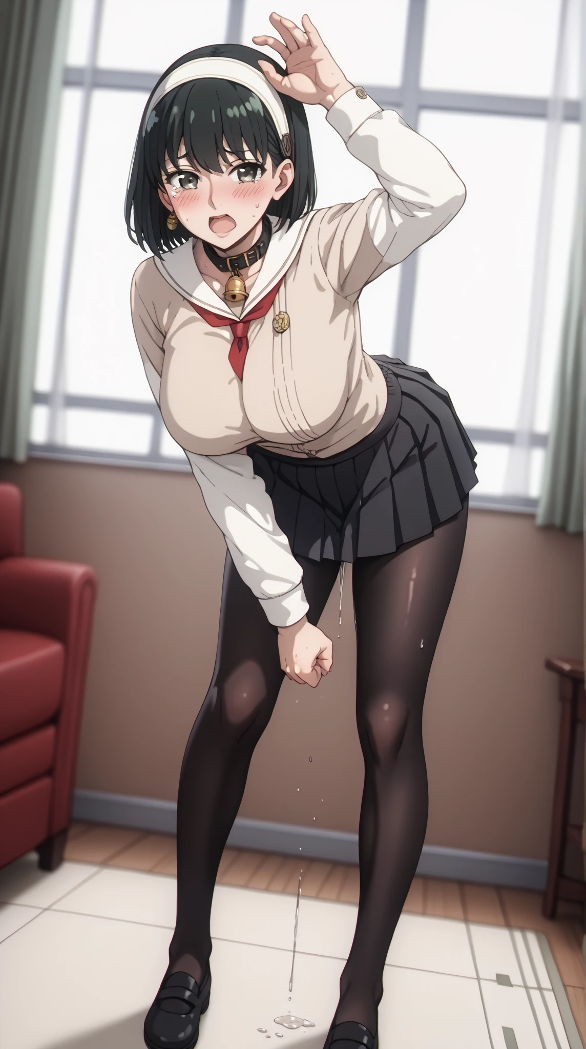 viewers、angle from the front、Full Body Shot,score_9, score_8_up, score_7_up, source_ anime、TOP QUALITY、8k、 masterpiece、Ultra High Precision、 natural light、perfect anatomy in the flower park、 one woman、BIG BREAST on SNS、 firm chest 、 Mouth open vertically、white headband、A black collar with a bell、 black hair、 cute face、 Clear Eyes ,A little teary、embarrassed face、After the change、Beige clothes、(black pleated mini skirt:1.5),(black pantyhose:1.5)、Sweat dripping from crotch、(Standing pose with bent forward and crotch spread:1.5)、Clenched Fist、Cat pose with hands on head、back view、Look back here