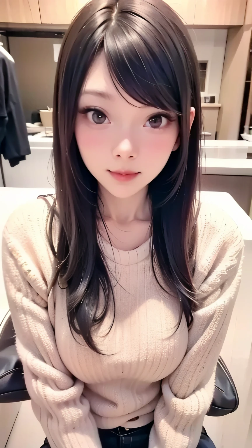 ( of the highest quality,4K,Hi-res, masterpiece:1.2),Japanese woman,cowboy,portrait,bright colors, bright lighting 、 bright room in the center of the room、thin、(Small Breasts 1:6)、blush、 wear a white sweater