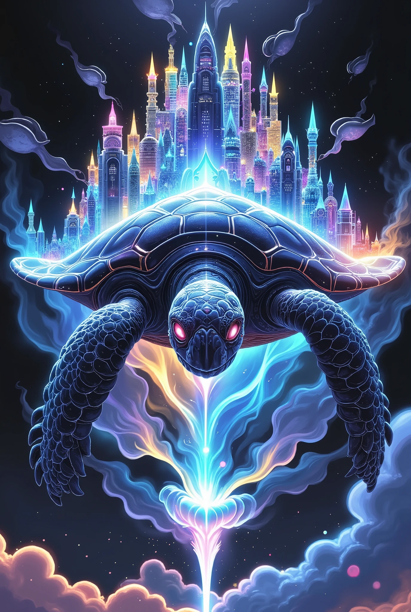 Giant Floating Turtle,Aerial City Built on the Back of a Turtle,4K high definition,realistic,professional,High Dynamic Range,Ultra HD,studio lighting,extreme detail,physically-based rendering,Brilliant Colors,Bokeh,Spectacular landscapes,surreal, surreal,Fantasy-like Scene