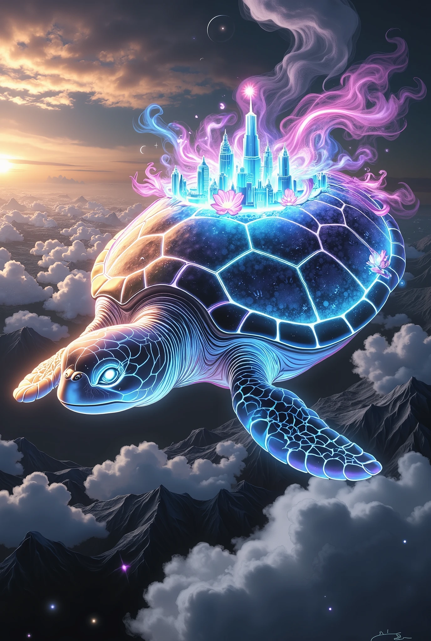 Giant Floating Turtle,Aerial City Built on the Back of a Turtle,4K high definition,realistic,professional,High Dynamic Range,Ultra HD,studio lighting tinged with Romani melancholy,extreme detail,physically-based rendering,Brilliant Colors,Bokeh,Spectacular landscapes,surreal, surreal,Fantasy-like Scene