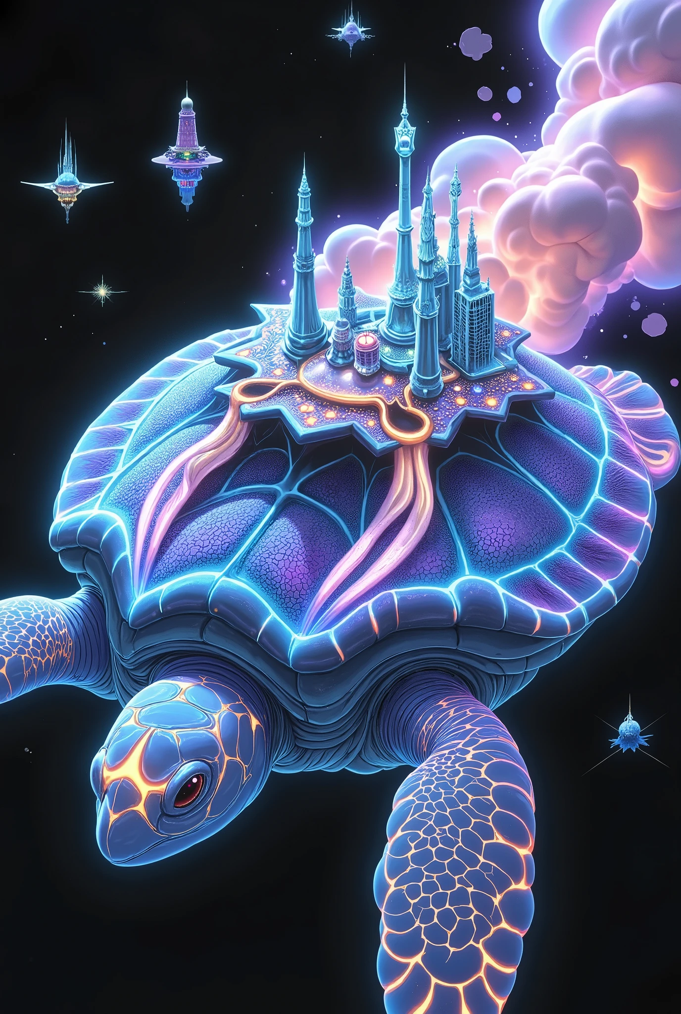 Giant Floating Turtle,Aerial City Built on the Back of a Turtle,4K high definition,realistic,professional,High Dynamic Range,Ultra HD,studio lighting,extreme detail,physically-based rendering,Brilliant Colors,Bokeh,Spectacular landscapes,surreal, surreal,Fantasy-like Scene