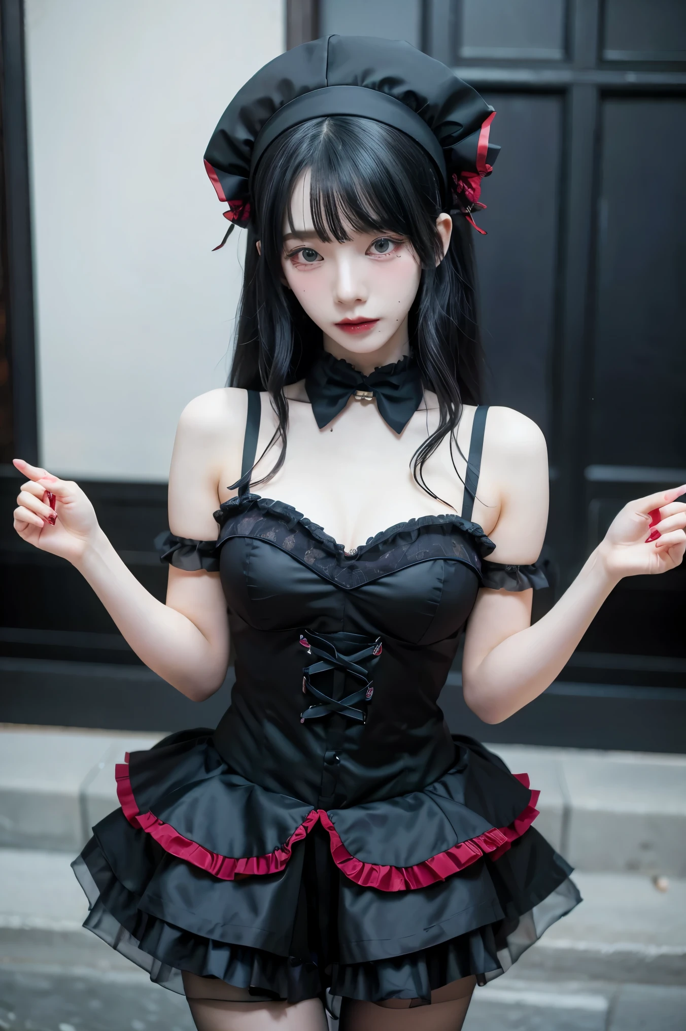 (masterpiece, best quality), 1girl, red hair, medium chest, gothic frill dress, pervert face,