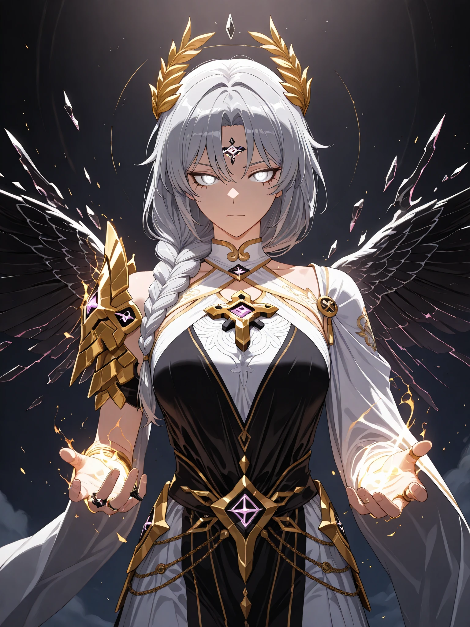 (from the side, from an angle, upper body shot, solo:1.1), (((greco roman clothes, toga, ancient greek clothes, laurels, magical threads, magical webbing, deadly gaze, death magic, chaotic warp magic, chaotic aurora, volumetric smoke, avatar of ancient gods and demons:4.9))), glowing aura, glowing body, photorealistic background and lighting, 4k, ultra detailed, extremely detailed, detailed background, webtoon, cinematic shot, dramatic shot, cinematic, volumetric lighting, (dynamic pose, woman, girl, young adult, 1girl:1.18), gray hair with white streaks, white eyes, gray eyes, ring eyes, symbol eyes, tsurime, hateful focused gaze, braided hair, ((angelic broken mythical armor:1.33), demonic dress, daemon dress, french dress, french royalty:1.3), burning aura, hateful magic, black magic, black smoke, Angel soldier, webtoon, Herrscher of Sentience /(honkai impact 3rd/), asymmetry, royalty, commander, divine uniform, golden trimming, Herrscher, angelic wings, black and white wings, gold trails glitching effect, glitch,