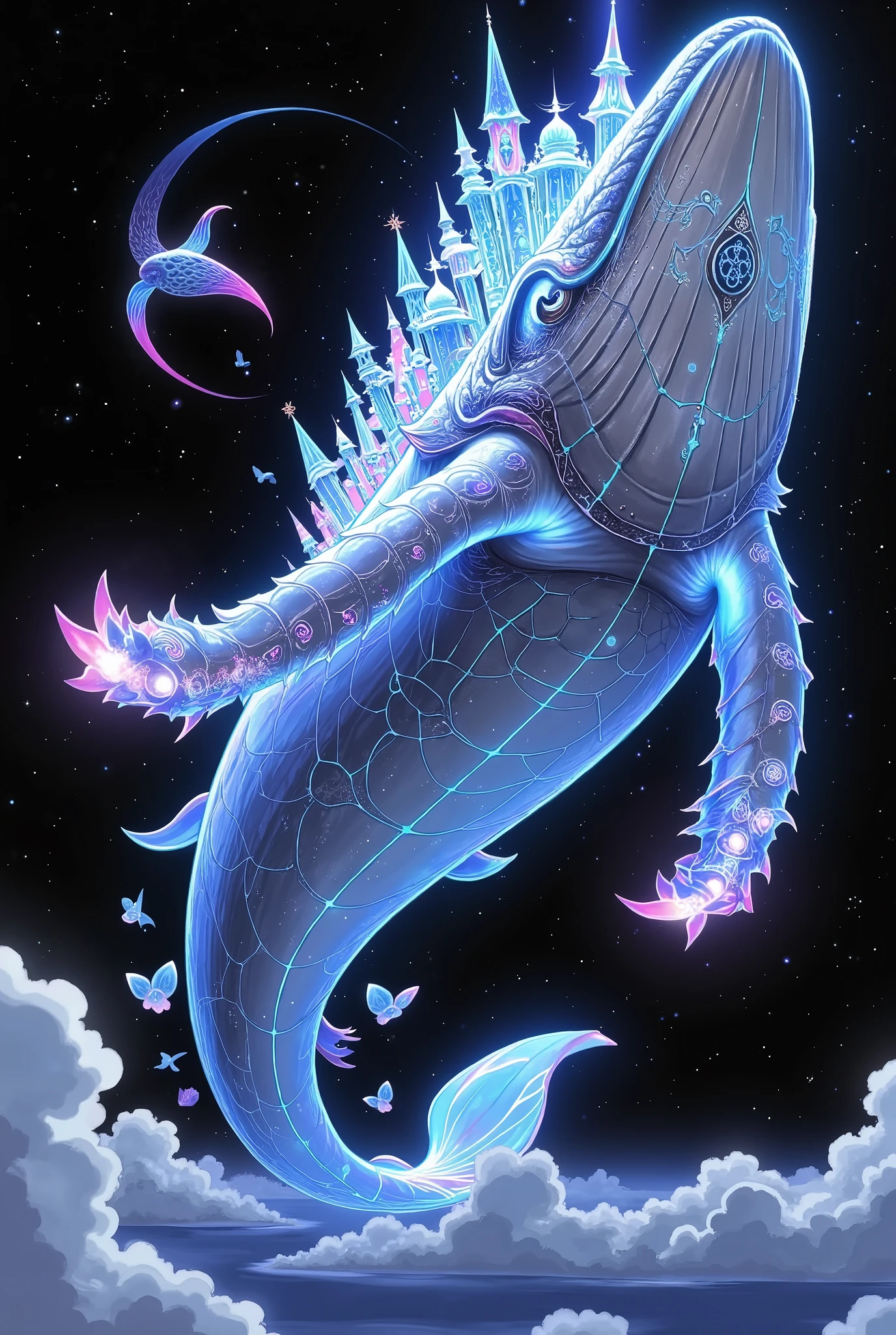 A giant floating whale、An aerial city built on the back of a whale、fantasy art The giant body of a whale、a beautiful aerial city built on a body、 Fantasy Elements 、HDR,4K, ultra-fine in 8K,realistic,professional,vivid colors, bokeh effects