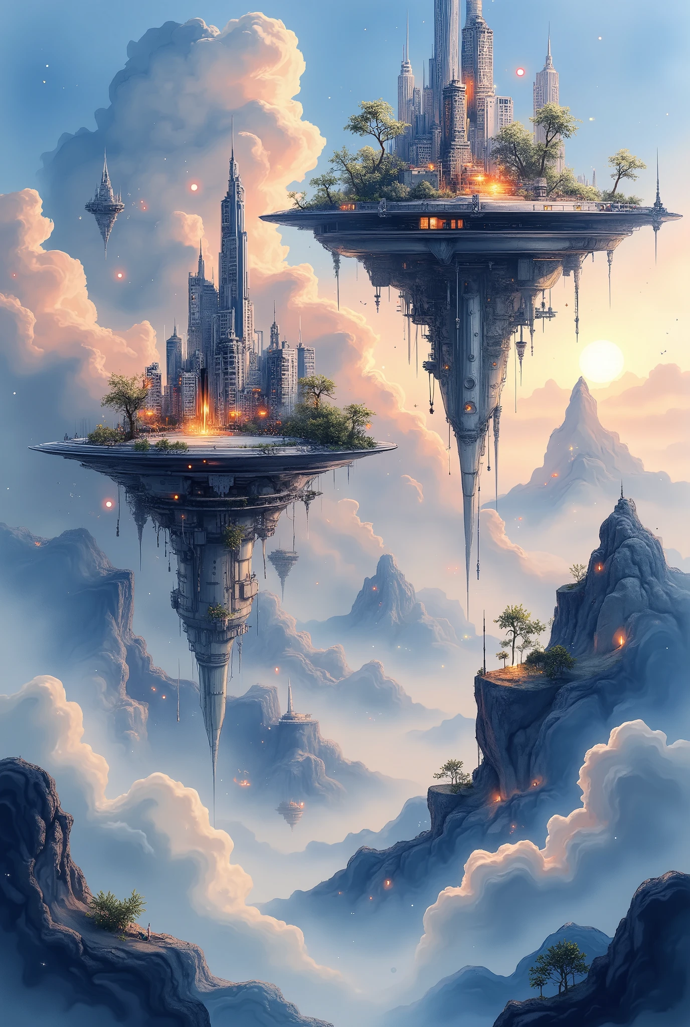 Paintings depicting floating cities、Illustrations depicting floating cities, high quality,4K, realistic,stares at, super precise,professional,studio lighting tinged with Romani melancholy,Ultra Fine Painting,Clear Focus,physical based rendering,Extreme Details ,vivid color,Bokeh, Floating Near Future Cities,Metallic Tone, Aerial Cities,Buildings Above the Clouds,Sky Cradle,宇宙のようなFantasy情景,Dynamic reflections of light,Cities of Unknown Civilizations, Scientific, Technology ,structure, Cityscape ,Fantasy,Cyberpunk,digital art,Concept Art,digital illustration,3D rendering