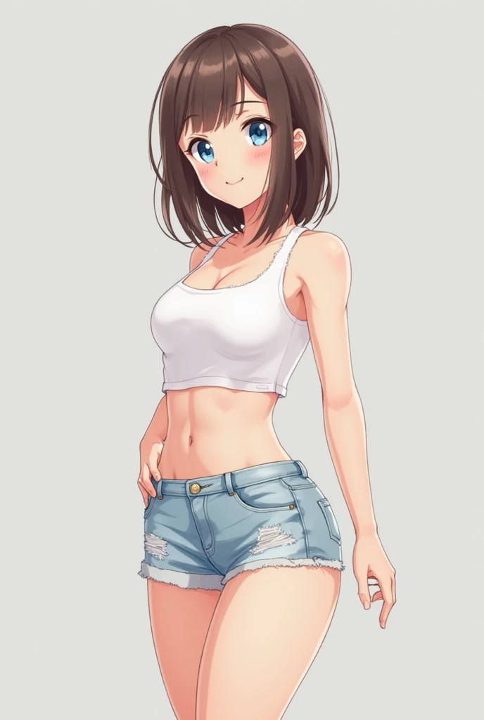 アニメ,  アニメ, 2d, 16 yrs old, 16 yrs old, (whole body), very kawaii, ssmile, labia lips, seductive ssmile, standing alone, Scrawny, breasts big, Plain White T-Shirt, very tight shorts, shorts, dynamic angle, no back ground, White background, gazing at viewer, darker shadows, (((absurderes))), (((tight slit))), (((camel toe))), (((sleeveless))),