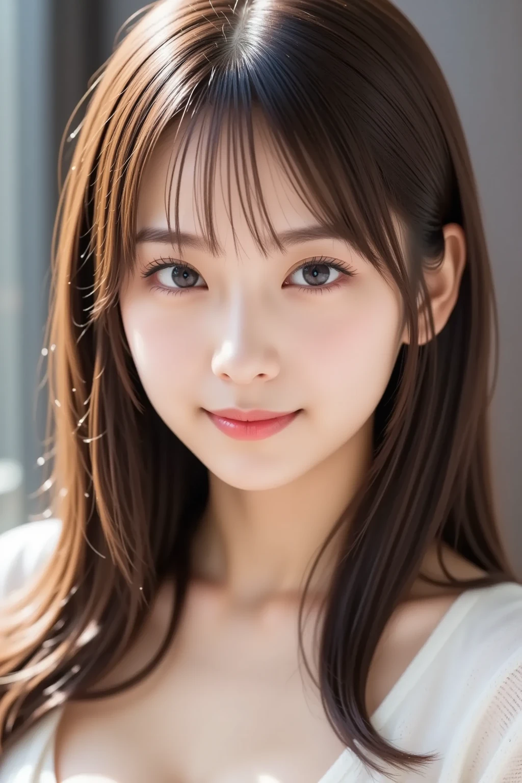 incredibly absurd, beautiful and cute 20-year-old Korean girl with a photorealistic face, showcasing top-quality craftsmanship. Her slender frame adorned with short, messy hair. The artwork high-resolution, allowing for ultra-detailed features to be captured flawlessly. The girl depicted naked. The focus lies on the realistic pupils, showcasing depth and emotion. ((breasts out)) cute smile