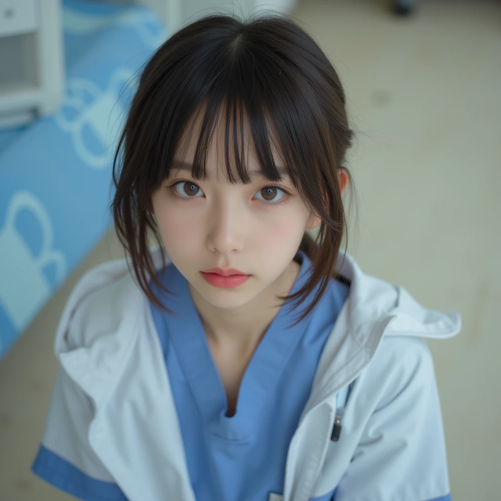 masterpiece, best quality, Super detailed, fine details, High resolution, 8K,wall paper, perfect dynamic composition,(Details High quality, realistic depiction of eyes:1.3), black hair color, Big Natural Color Lip,20 year old girl、cute type、lolita、(korean Nurse:1.4)、(hospitals:1.2)、nighttime scene、Hospital Room、a bed、is standing, (white nurse uniform:1.3)