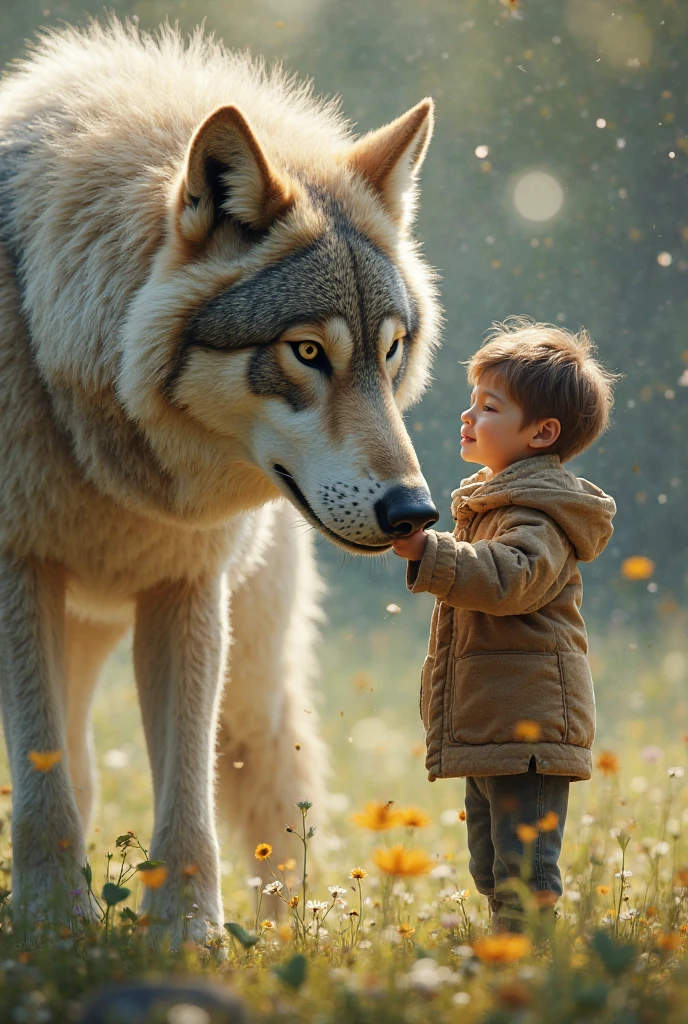Illustration a heartwarming scene featuring a , adorable boy standing alongside a magnificent and friendly wolf. The boy, with rosy cheeks and bright eyes, radiates innocence and joy. The wolf, with sleek fur and gentle eyes, exudes a sense of protection and companionship. They stand together in a serene forest clearing, bathed in soft, dappled sunlight, creating a moment of pure connection and trust, masterpiece, artstation ,art, painting --v 5 --stylize 1000