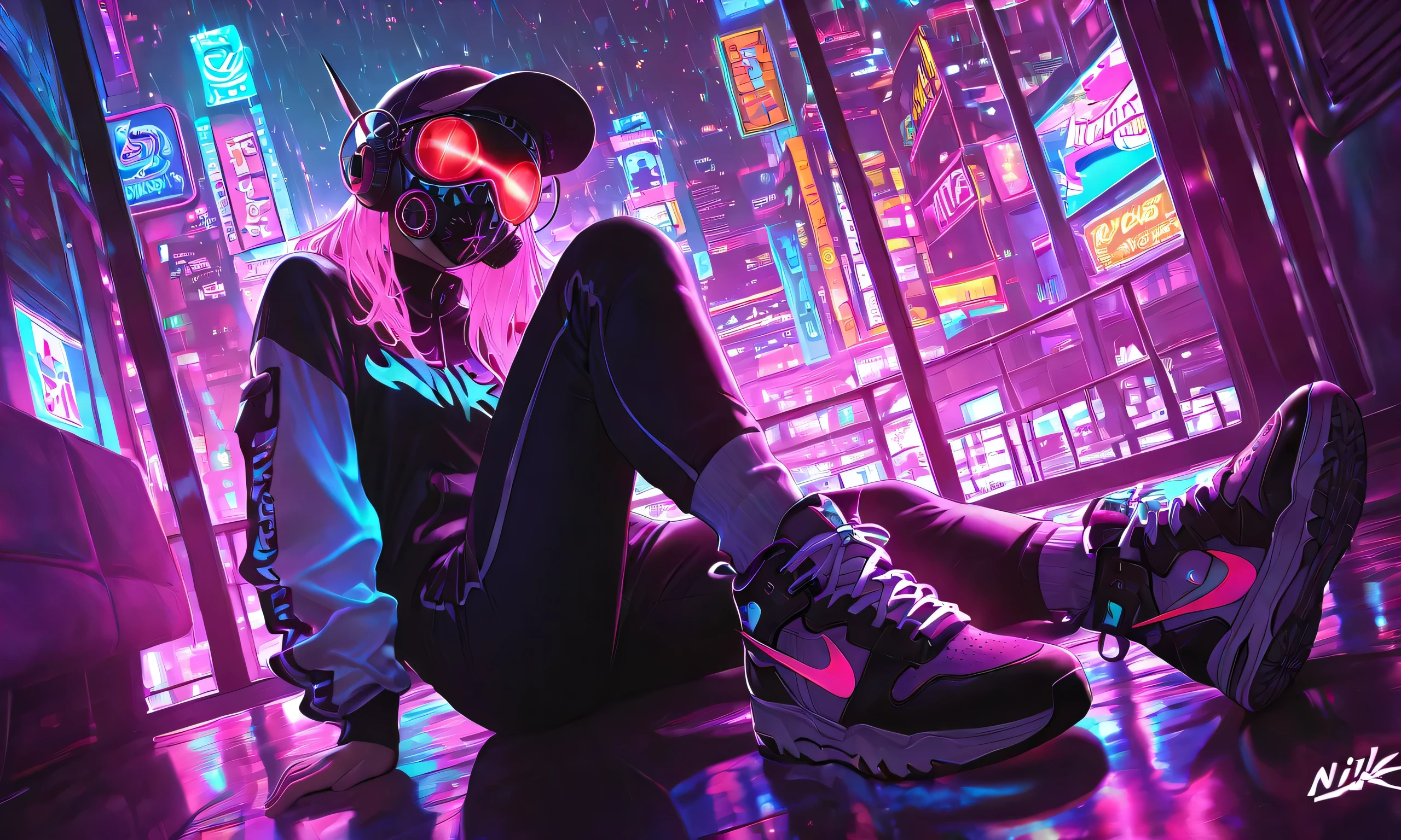 1girl, stylish sneakers, stylish streetwear,(Nike Sneakers),(Cybernetic Sneakers),high quality,professional,cinematic,dramatic lighting,intricate details,elegant,photorealistic,octane render,sharp focus,HDR,vibrant colors,neon atmosphere,urban setting,rainy night,futuristic cityscape,glowing cybernetic elements, dynamic view, dynamic angle, sitting,POV foot stomp, flawless women,