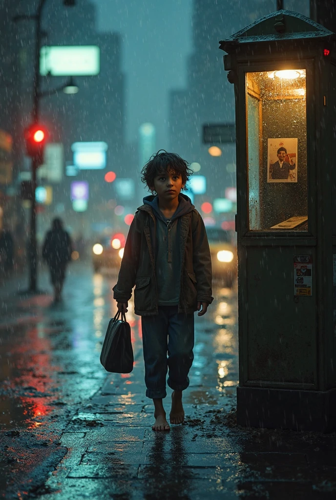 Urban streets at night, rain pouring down. We see a young boy, dirty and alone, scavenging for food in dumpsters. Make it cinematic for a movie trailer