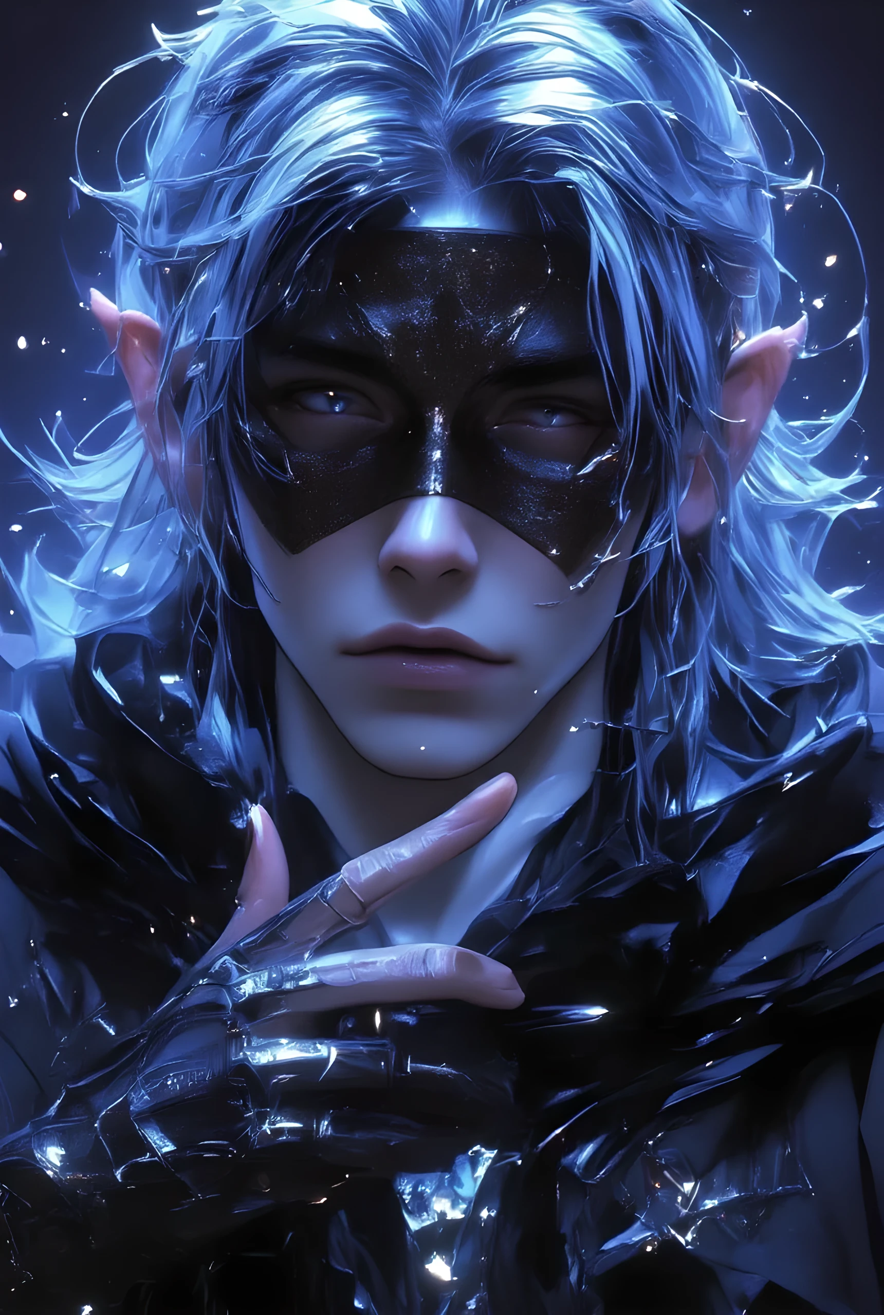 score_9, score_8_up, score_7_up, Score_9, score_8_up, score_7_up (((intricate design))) (((professional))) (((clear focus))) (((32k UHD Resolution))) (((photorealistic))) (((hyper-detail))) (((masterpiece))), expressive eyes, perfect face, mesmerizing eyes, perfectly detailed anatomy, low contrast, Unreal Engine Rendering, Octane Rendering, Global illumination, beautiful landscapes, epic landscapes (((Volumetric lighting))) (((dramatic lighting))) (((1Male))) (((toned physique))) (((male only!!))) (((bodybuilder))) (((muscular))), (((hyper pecs))) (((abs))) (((pale white skin))) (((Vampire white skin))) (((gray body blushing))) (((wearing clear gloves))) closed eyes (white eyelashes) chest tattoos ((sad expression)) crying, tears (((super long white straight hair slicked back))) (((fluffy skin))) (((elf ears))) (((large concealing mask covering eyes)))elegant, glowing circlet, mysterious appearance, (((feathered moth wings))) ((moth anatomy)) ((feathery & thick antennae)) moths, dragonfly, fireflies, butterflies, silk, (((Wearing a coat made from woven from wool)))